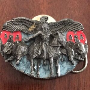 Siskiyou Metal & Enamel Belt Buckle American Indian Chief USA Eagle Buffalo
